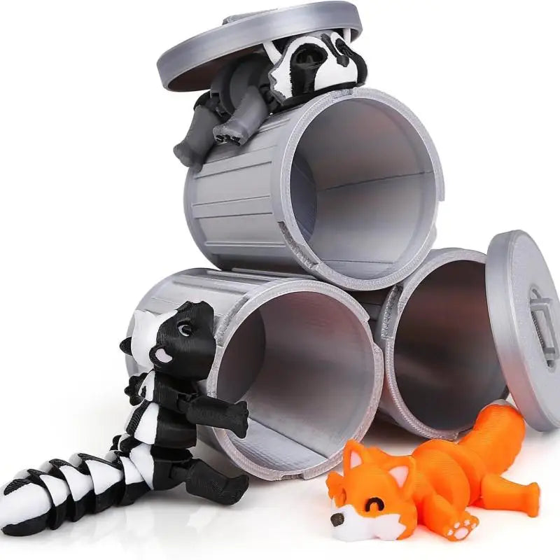 3D Printed Articulated Raccoon Fidget Toy & Trash Can Set