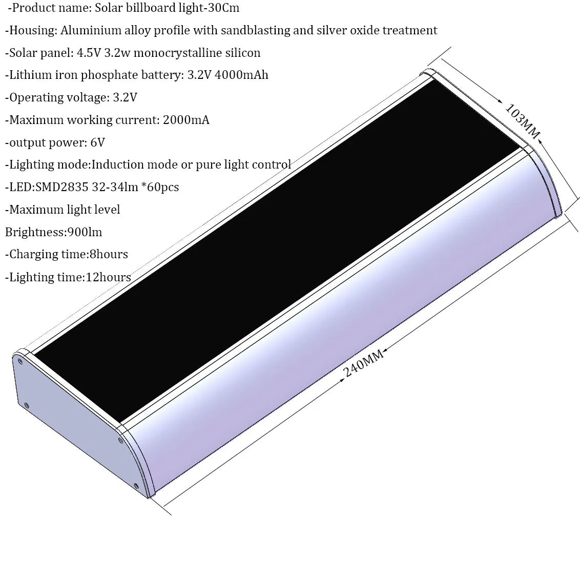 Solar Billboard Lights Sensor Outdoor Automatic 4 Modes Lighting LED Zpaxo Silver-30CM White-6000-6500K China Mainland