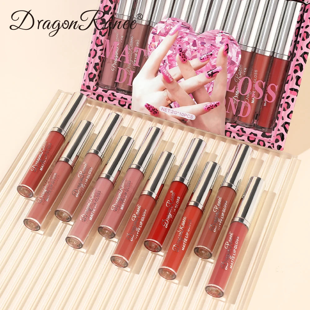Lip Gloss Set of Ten in a Box, Velvet Soft Matte, Brightening, Versatile, Moisturizing Lipstick, Nude Color, Long-Lasting, Non-Stick, Non-Fading Lip Gloss Zpaxo