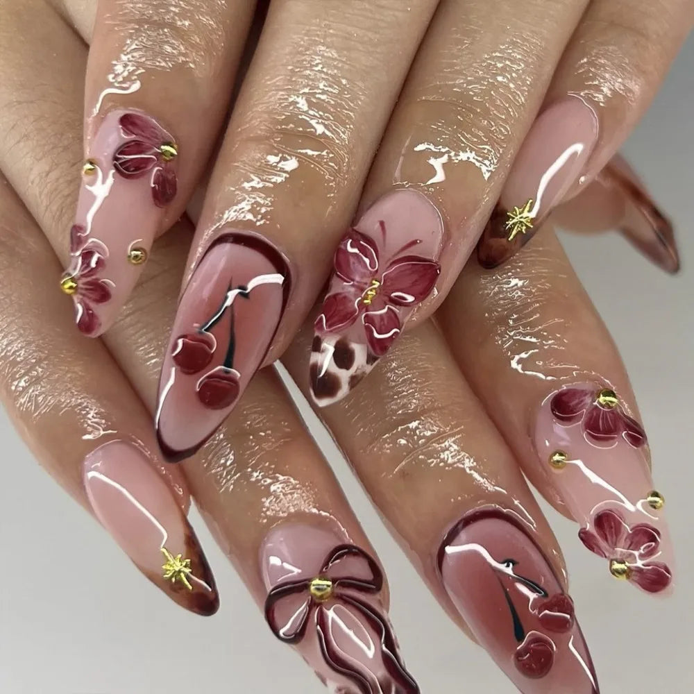 Manicure Long Almond False Nails French White Edge Fake Aurora Flower Zpaxo JP3856