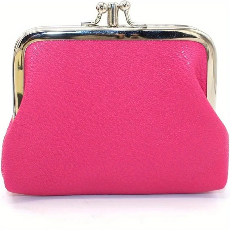 Cute Clip Lock Women's Coin Purse Retro Solid Color Bifold Kiss Lock Small Wallet Simple PU Leather Lipstick Portable Pocket Bag Zpaxo Rose Red