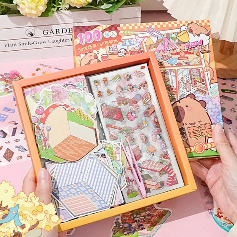 CM50Scenes Box Cartoon Capybara Miniature Scene Landscape Stickers
