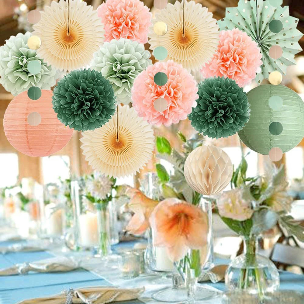 Sage Green Peach Pink Paper Lantern Tissue Pom Poms Party Hanging