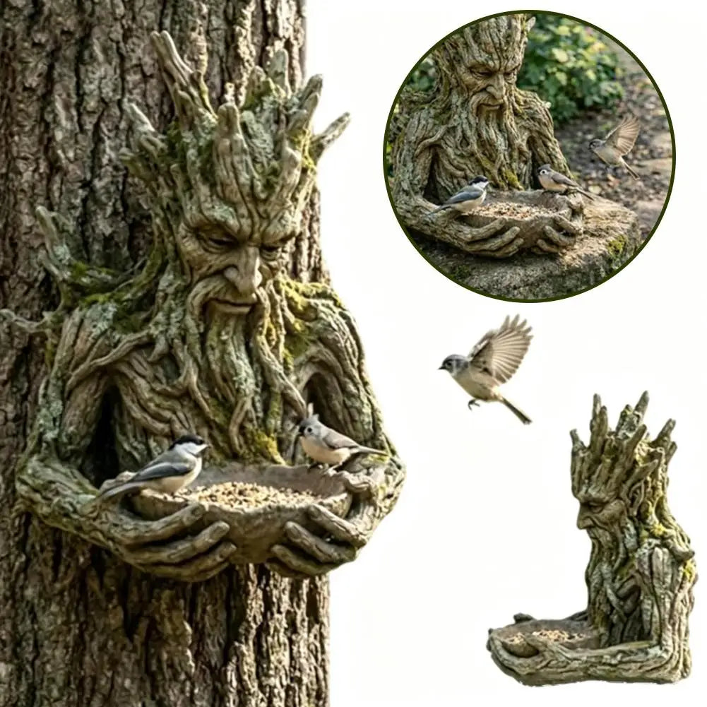 Tree Bird Feeding Sculpture Tree Faces Outdoor Tree Bird Feeder Garden Statue Outdoor Hanging Feeding Station Backyard Art Decor Zpaxo