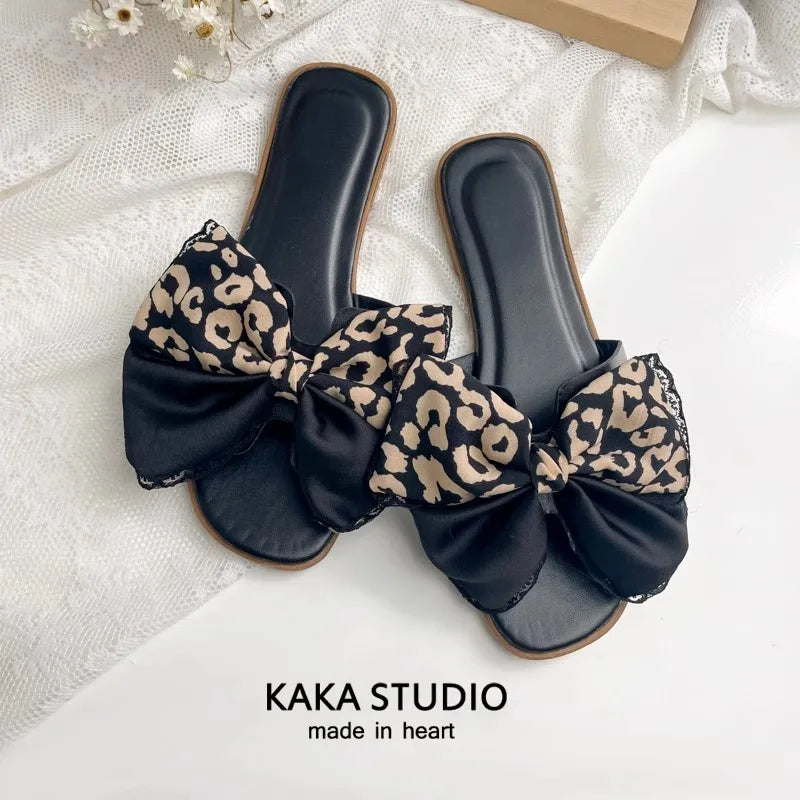 Slippers for Women 2025 Summer New Silk Bow Slippers Beach Shoes Vacation Flat Heel Sandals for Women Slippers Zpaxo