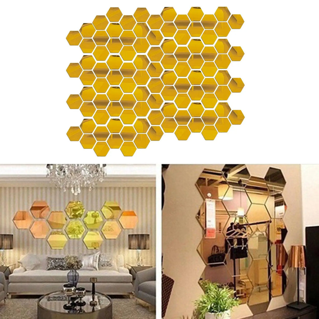 30Pcs 3D Hexagon Wall Stickers DIY Acrylic Sheet Tiles Living Room Decal Zpaxo Gold 46x40x23mm
