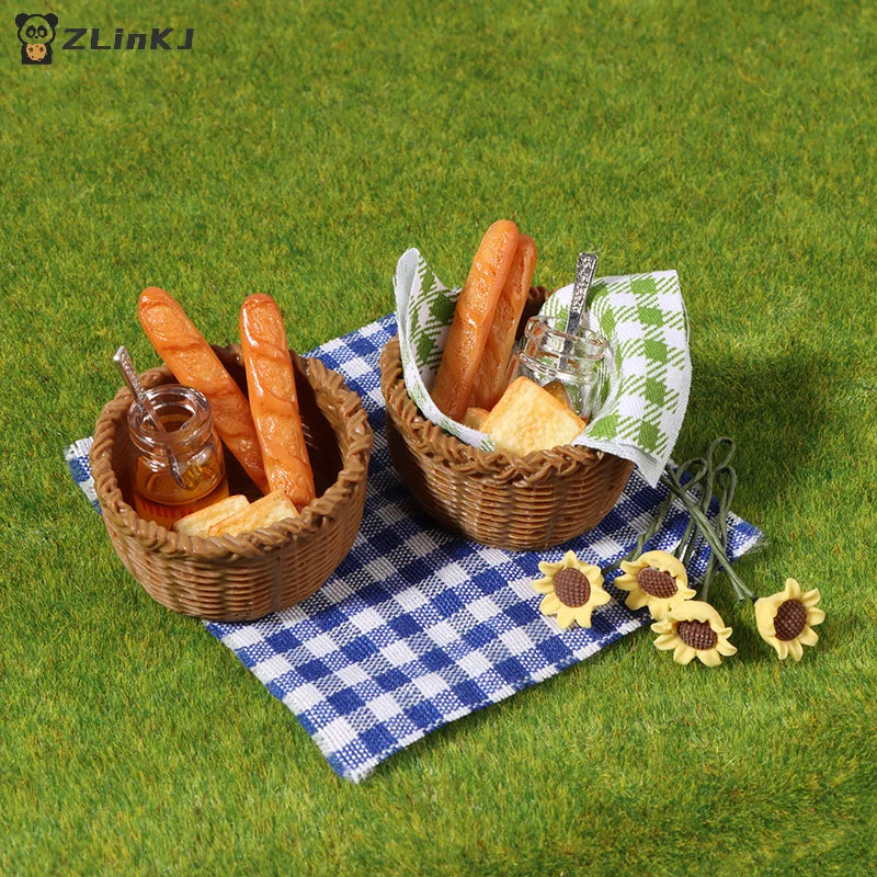 ▶1Set 1:12 Dollhouse Miniature Honey Bread Basket Fabric Picnic Basket Kitchen Model Decor Toy Doll House Accessories Zpaxo
