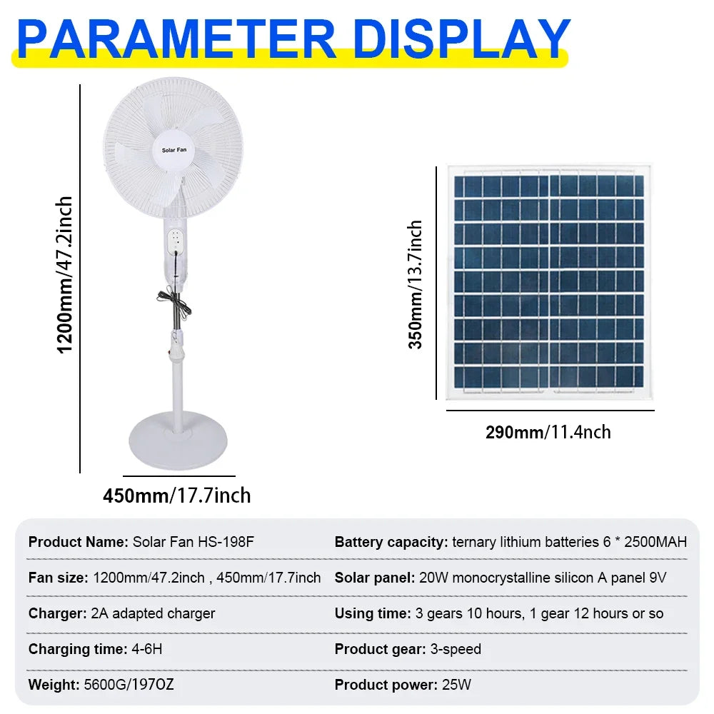 Solar Floor Fan Rechargeable 25W Panel 5H Charges 12H Runtime Remote