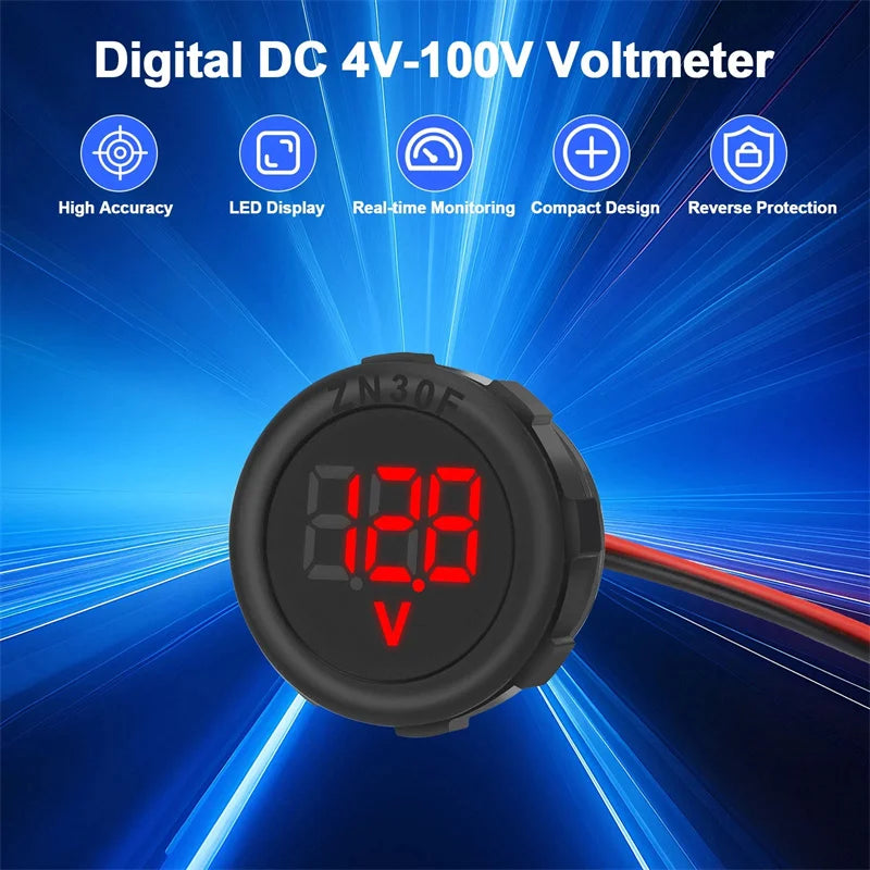 DC 4–100V LED Digital Voltmeter | IP67 Waterproof Panel Gauge