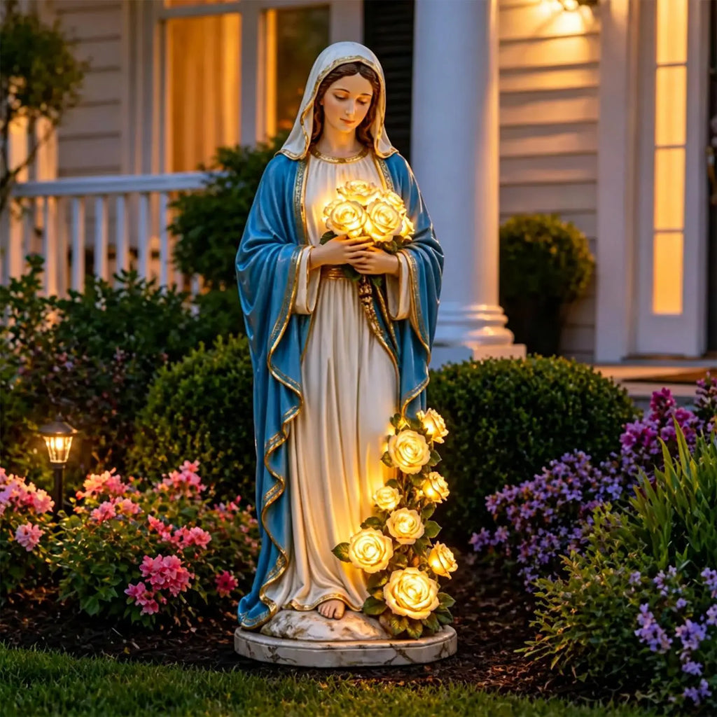 Virgin Mary Garden Statue Lighting Roses Resin Religious Figurine
