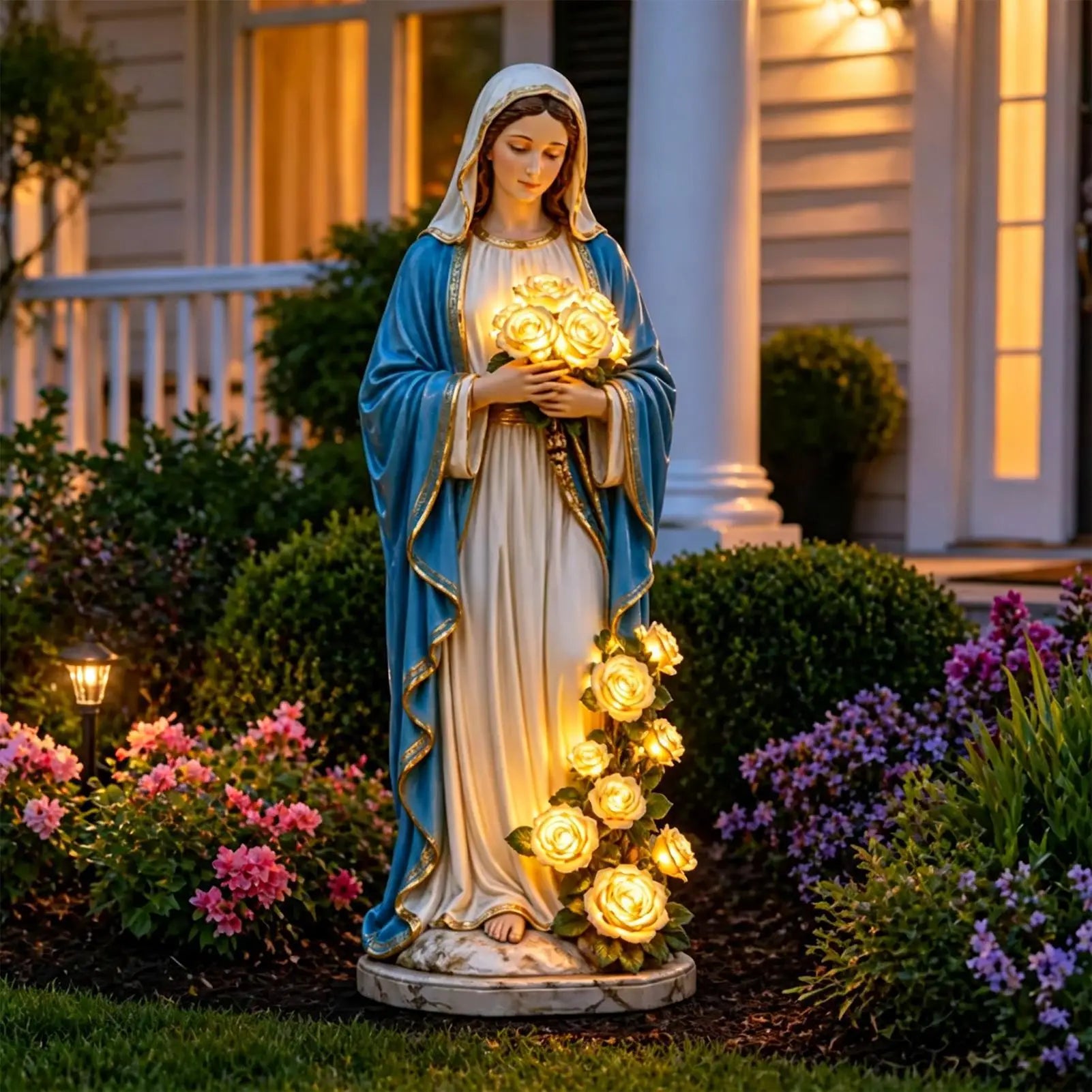 Virgin Mary Garden Statue Lighting Roses Resin Religious Figurine