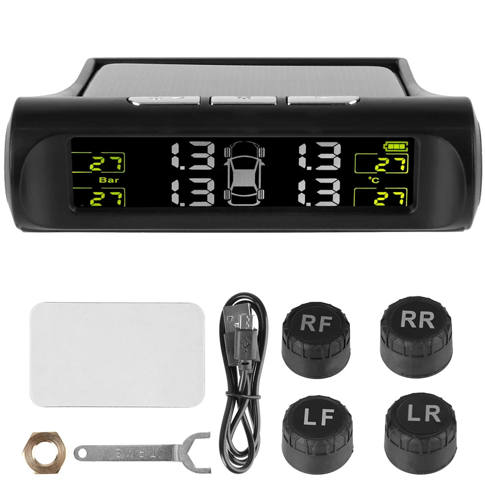 Universal Car Tire Pressure Monitoring System USB / Solar TPMS Tyre Temperature Monitor 0-6Bar Auto Security Alarm Systems Zpaxo Colorful display