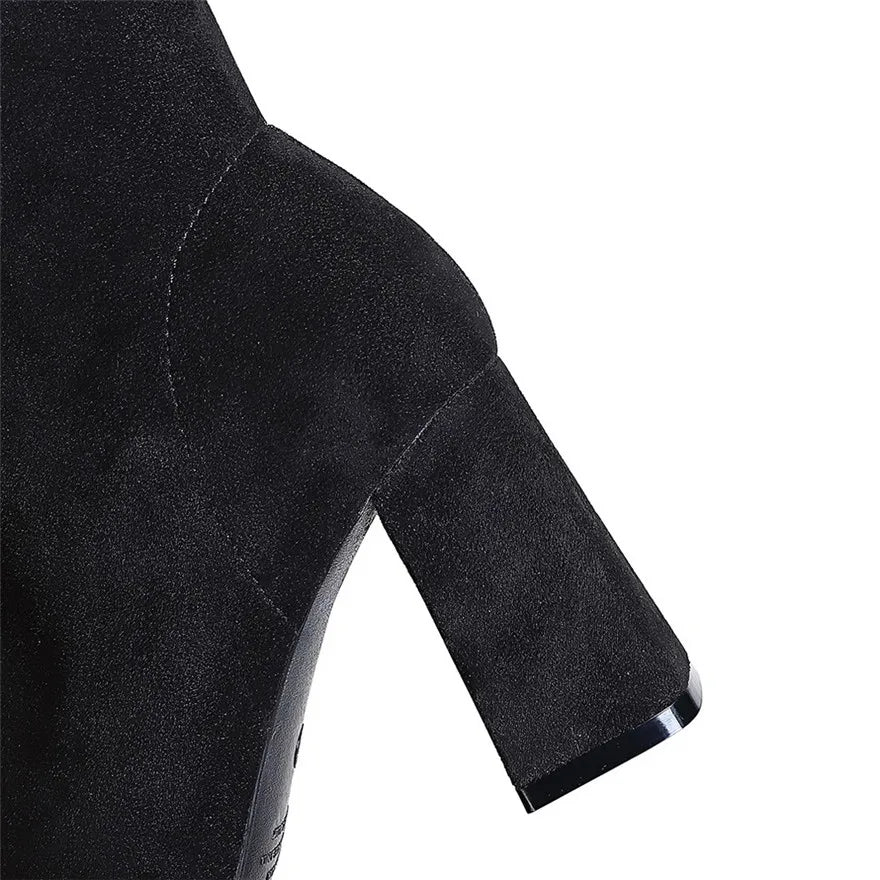 43 Thick Heel Ladies Work Boots Black Flock Sexy Slim Slip-on Ankle Zpaxo