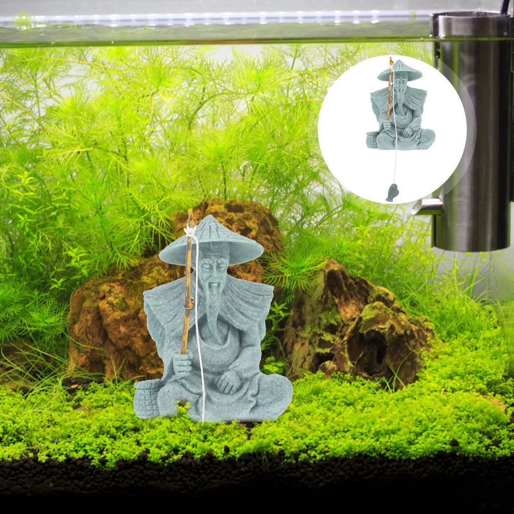 Small Sandstone Fisherman Statue Aquarium Decor Fish Tank Micro