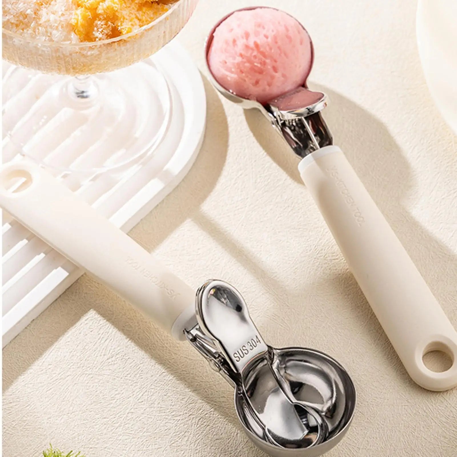 Stainless Steel Ice Cream Scooper Multifunctional Pressable Fruit Spoon Dual-Purpose Ice Cream Ball Spoon Kitchen Supplies Zpaxo