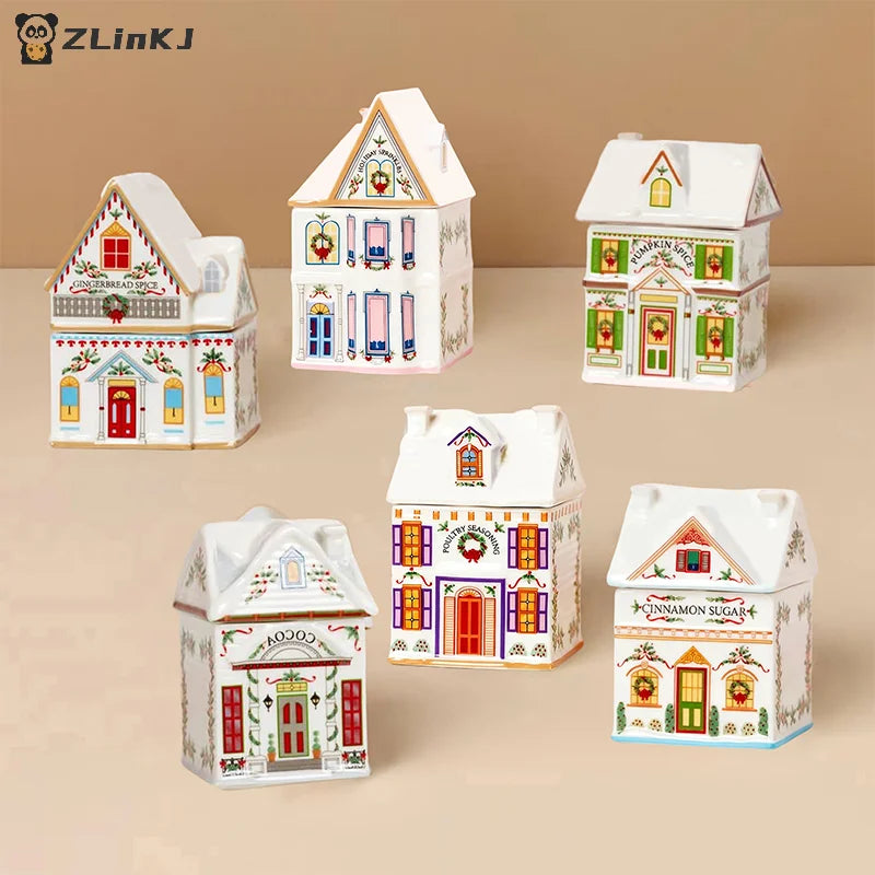 ▶1PCS Holiday Village Spice House Set, Mini Christmas Gingerbread Houses Jars, Kitchen Countertop Festive Decor, New Year Gifts Zpaxo