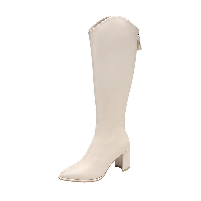 Women Boots Zipper Thick Heels Simple Autumn Winter Knee Zpaxo Beige 35 China Mainland