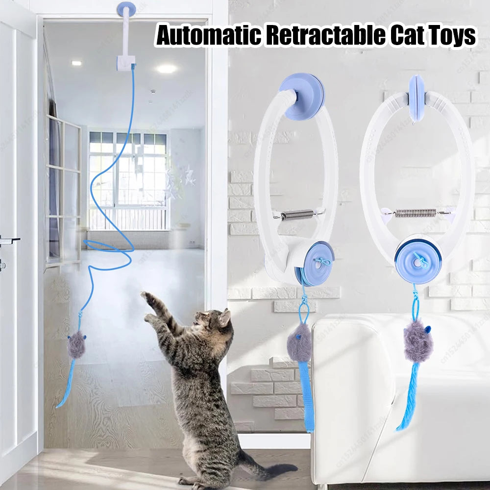Door Hanging Auto-Rebound Cat Toy Retractable Kitten Teaser with 3 Catnip Mice Interactive Pet Play Toy for Indoor Playing Exer Zpaxo