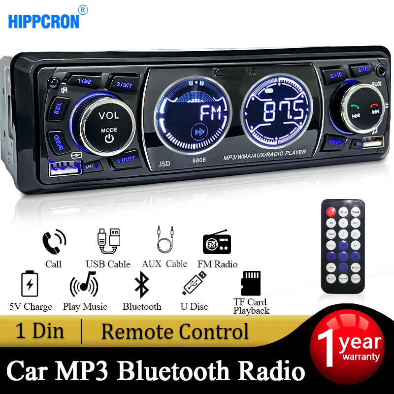 Hippcron Car Radio Audio 1din Bluetooth Stereo MP3 Player FM Receiver