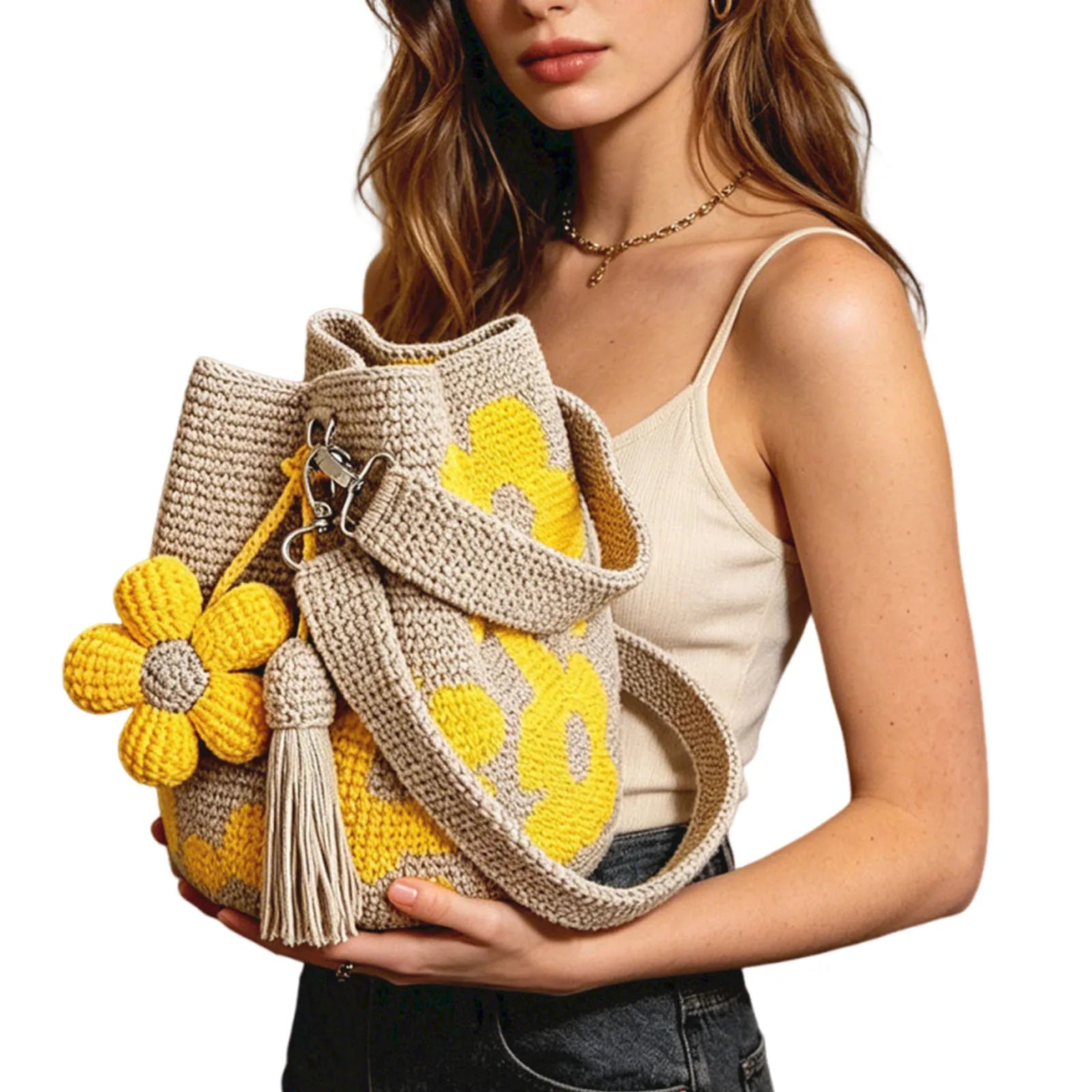 Boho Beach Handbag Flower Tassel Needlepoint Barrel Drawstring Purse Zpaxo