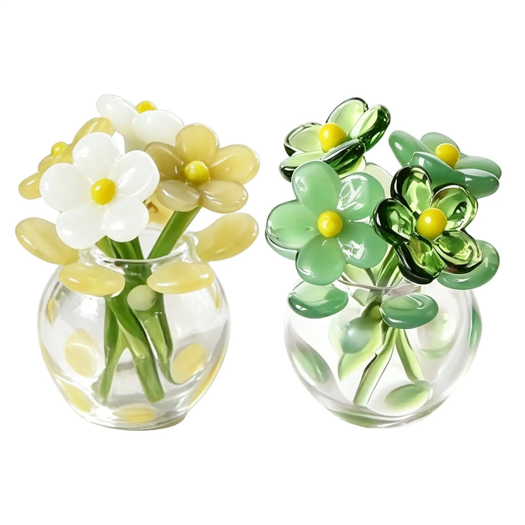 Mini Glass Flowers Artificial Bouquet Small Vase Handmade Green