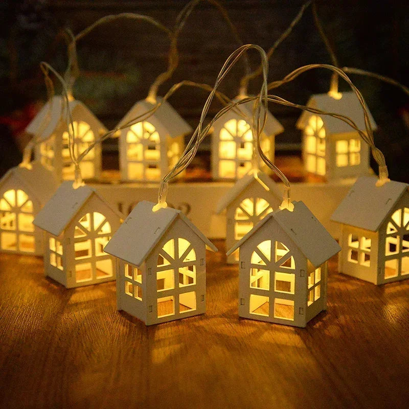 10LED 2M Christmas Wooden House LED Fairy Light String Home Hanging Garland Xmas Tree Ornaments Decoration Lamp 2025 New Year Zpaxo