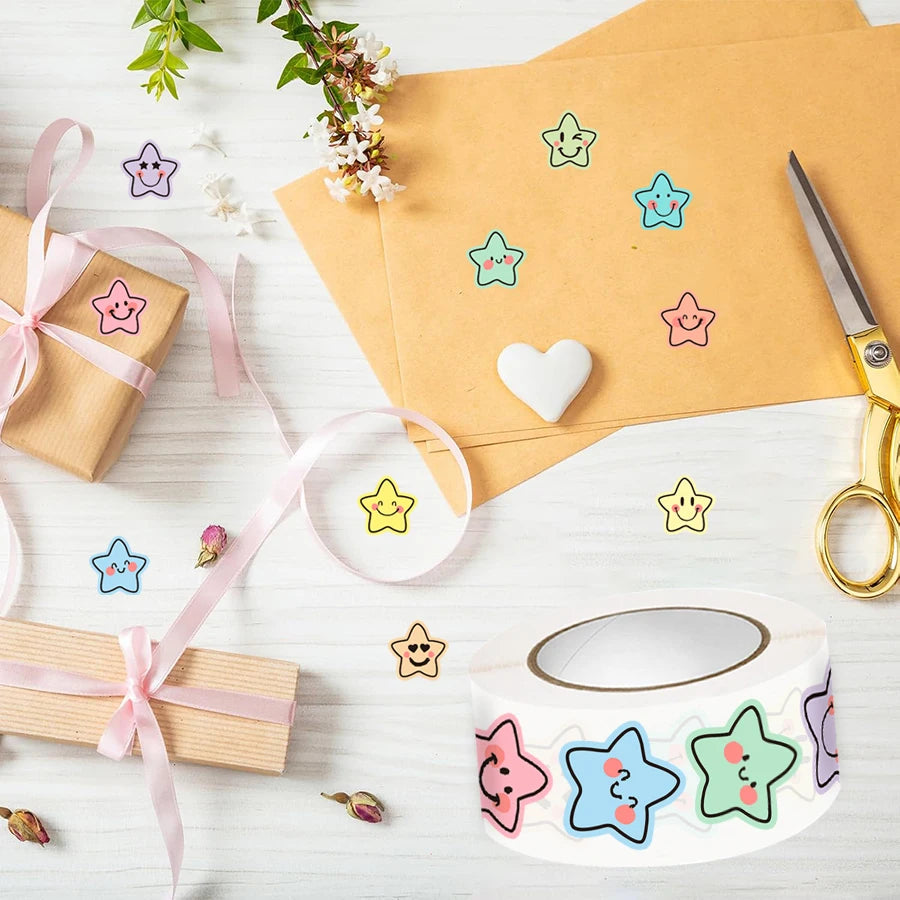 500 Pcs Colorful Star Expression Stickers Roll - Pastel Aesthetic Star-Shaped Labels with Cheerful Design, Self-Adhesive Zpaxo
