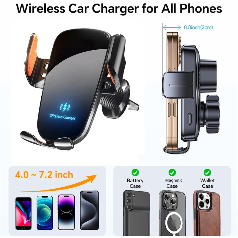UYUXIO Manual Clamp Wireless Car Charger 15 Fast Charging Air Vent