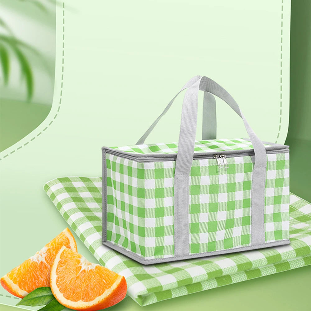 Insulated Picnic Bag Dual Zippers Camping Lunch Waterproof Plaid Tote Zpaxo