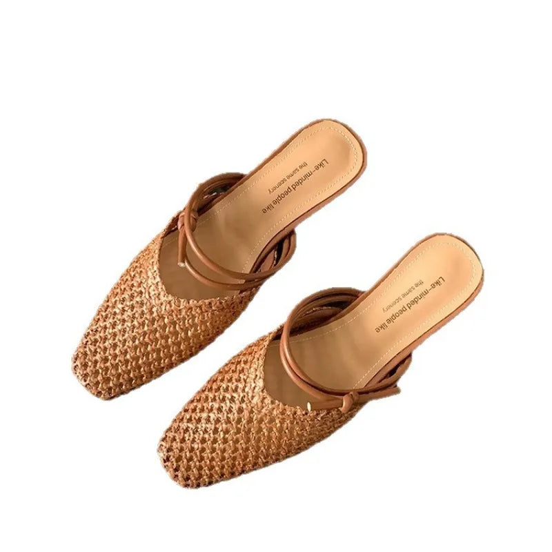 Vintage Woven 1 Slip-on Toe Half Slippers Women's New Outwear French Fairy Style Thick Heel Holiday Shoes Zpaxo