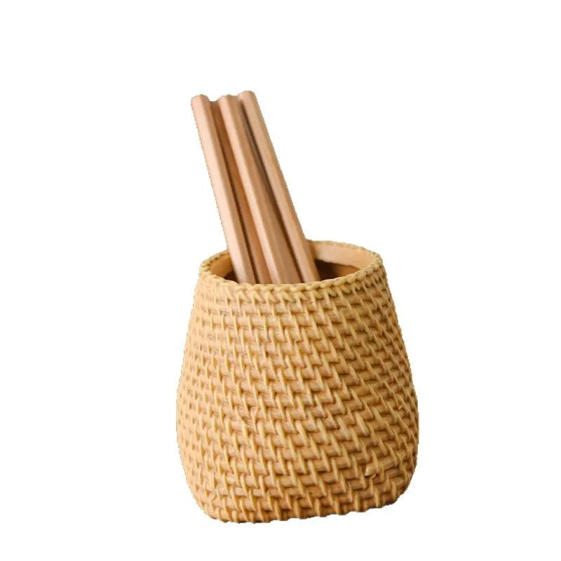 Rattan-Style Round Pen Holder & Makeup Brush Organizer Desk Organizer Zpaxo