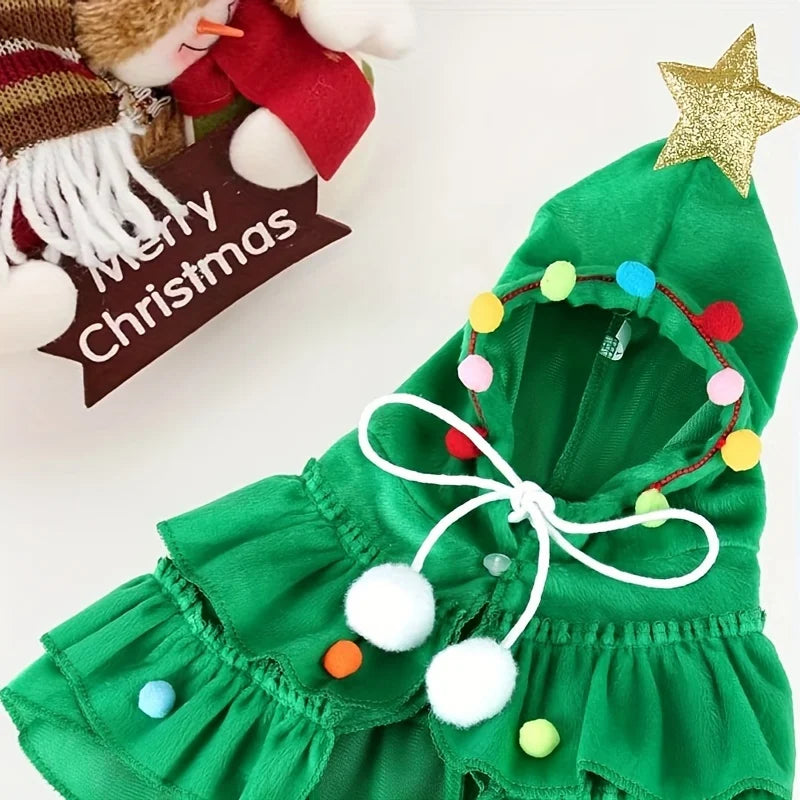 Christmas Tree Pet Costume Hooded Cape Small Dogs Cats Cute Design