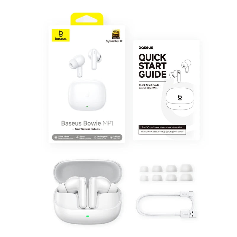 Baseus Bowie MP1 ANC Bluetooth 6 0 True Wireless Earbuds 55dB Zpaxo Moon White