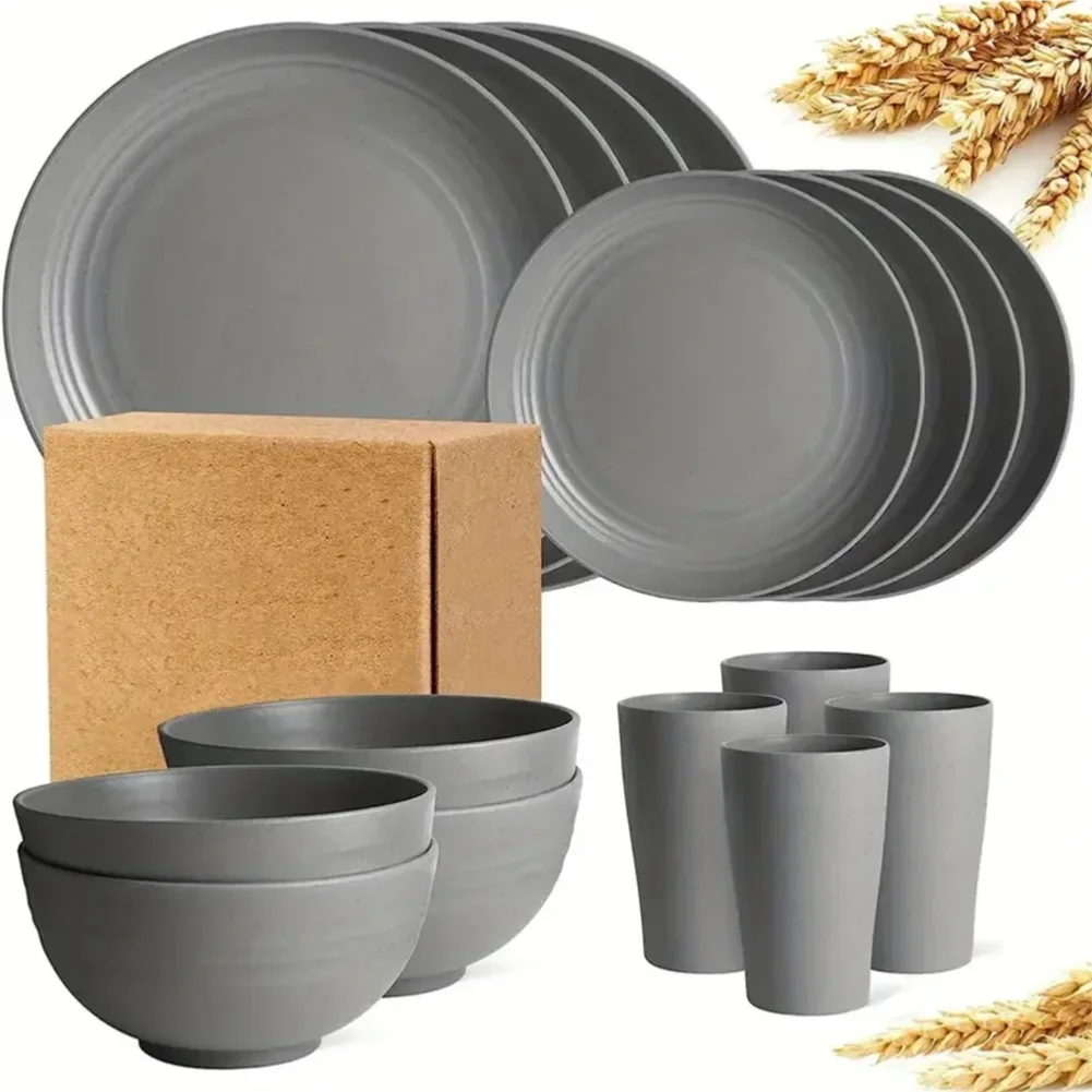 New 16 Pieces/set of Non Fragile Meal Plates, Wheat Straw Dishes, Tableware Set, Microwave Dishwasher, Safe, Reusable Tableware Zpaxo