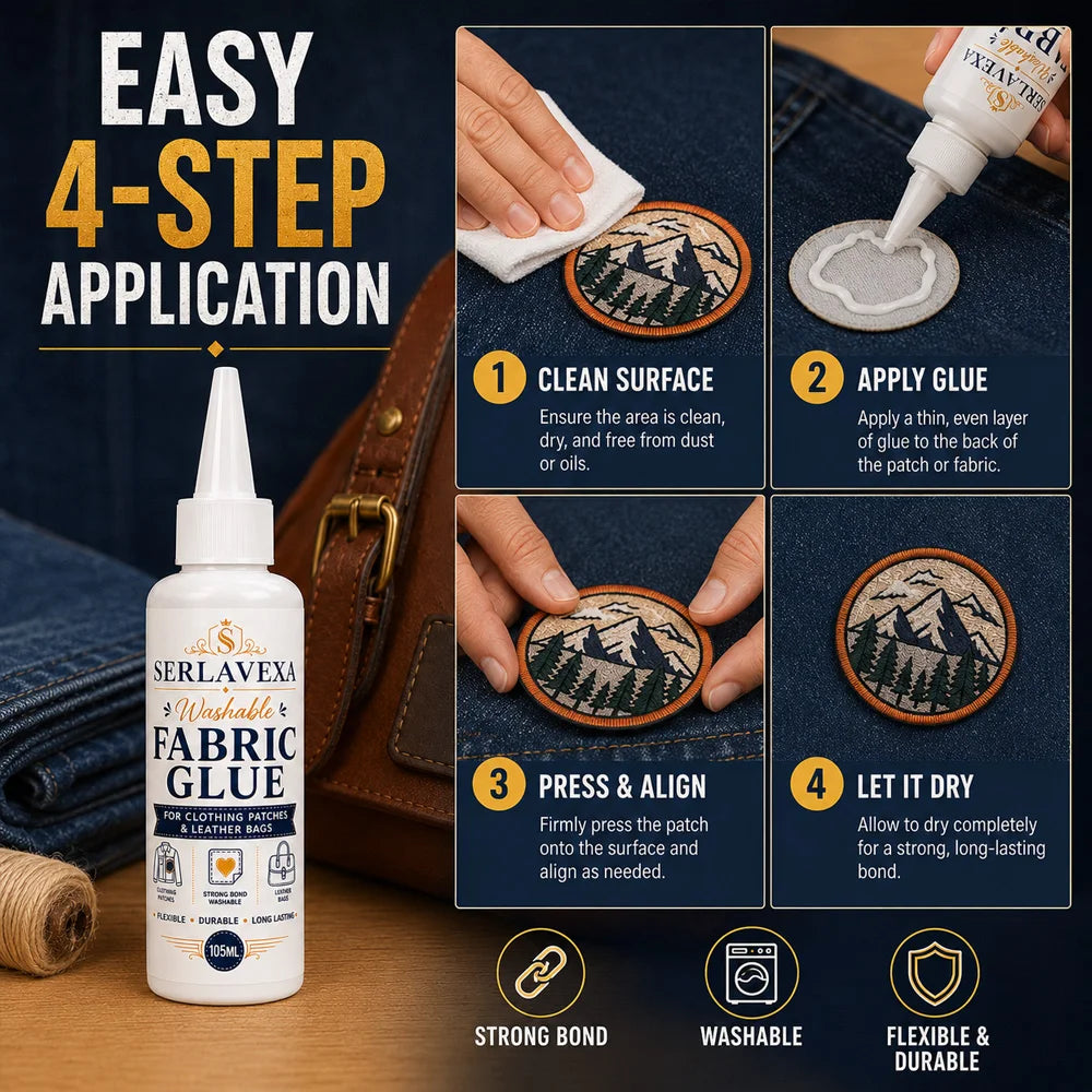 SERLAVEXA Washable Fabric Glue Permanent Strong Liquid Leather Adhesive Glue for Clothing Patches DIY Denim Repair Sealant 105ml Zpaxo