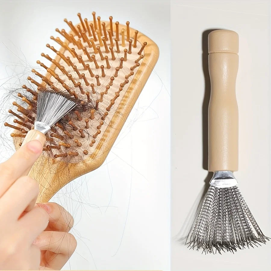 Hair Brush Cleaner Stainless Steel Toothed Wooden Handle Bamboo