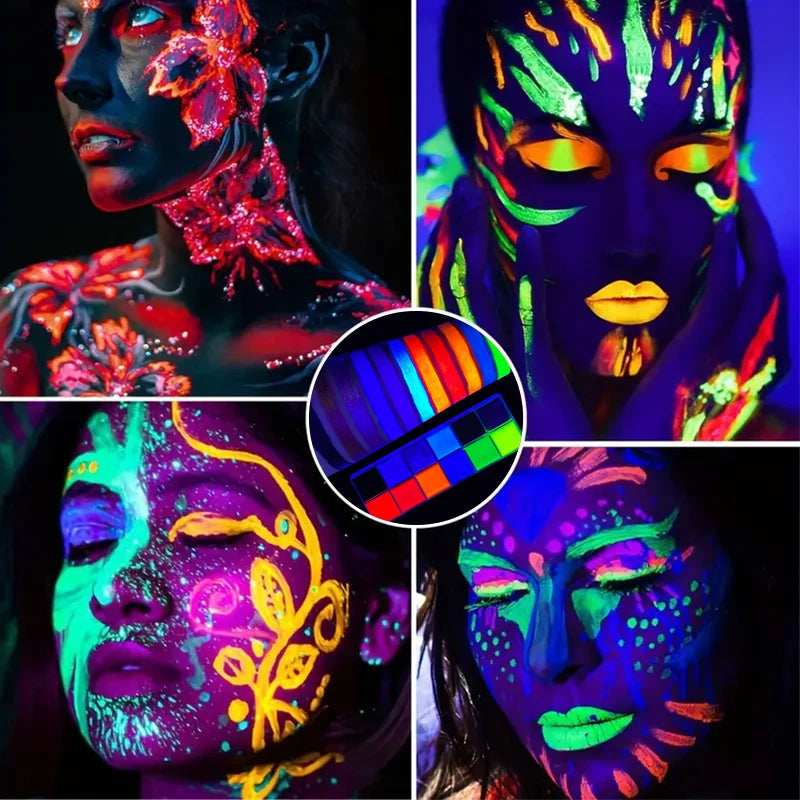 12-color UV Luminous Face Body Painting Palette Brush Glow Neon Paint Zpaxo