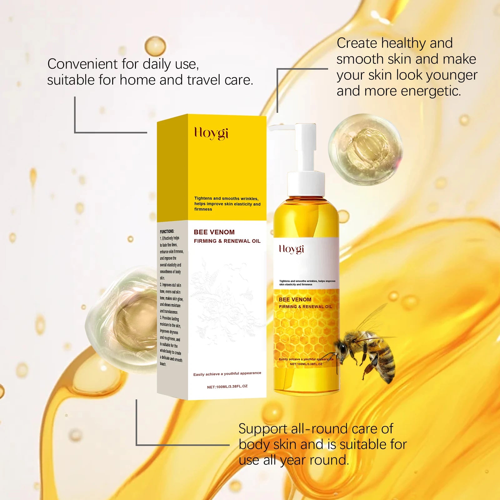 Hoygi Bee Venom Firming Body Oil with Collagen Boosting 24H Hydration & Fast Absorption for Sagging Skin & Stretch Marks Zpaxo
