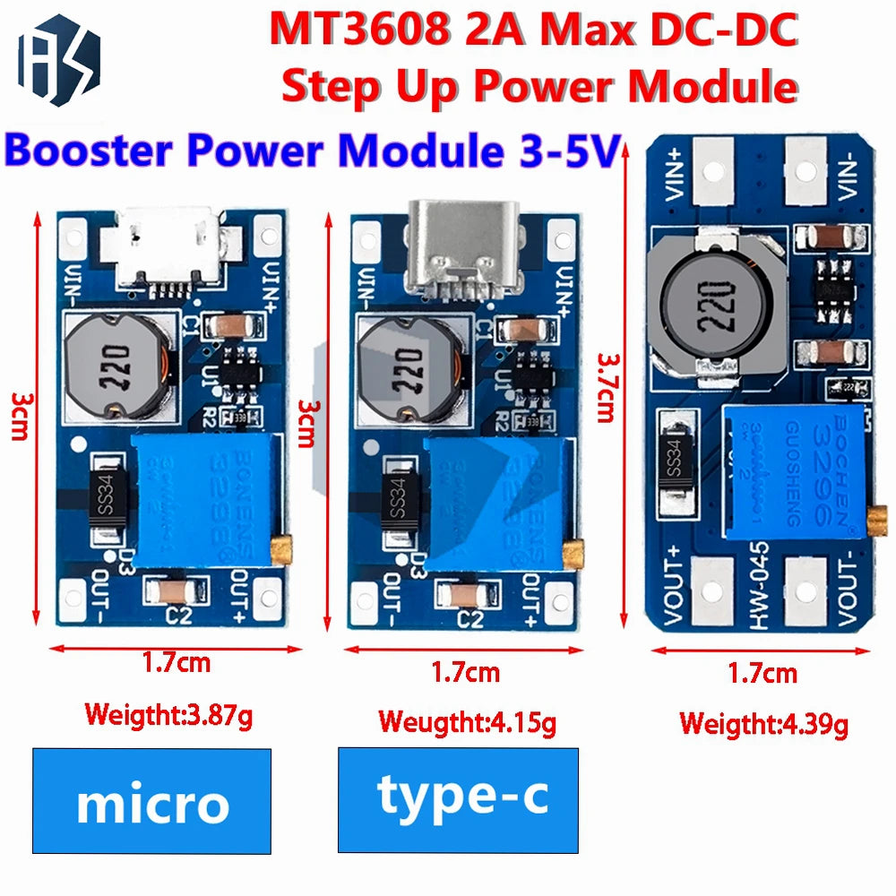 MT3608 type-c/micro 2A Max DC-DC Step Up Power Module Booster Power Module 3-5V to 5V/9V/12V/24V Zpaxo