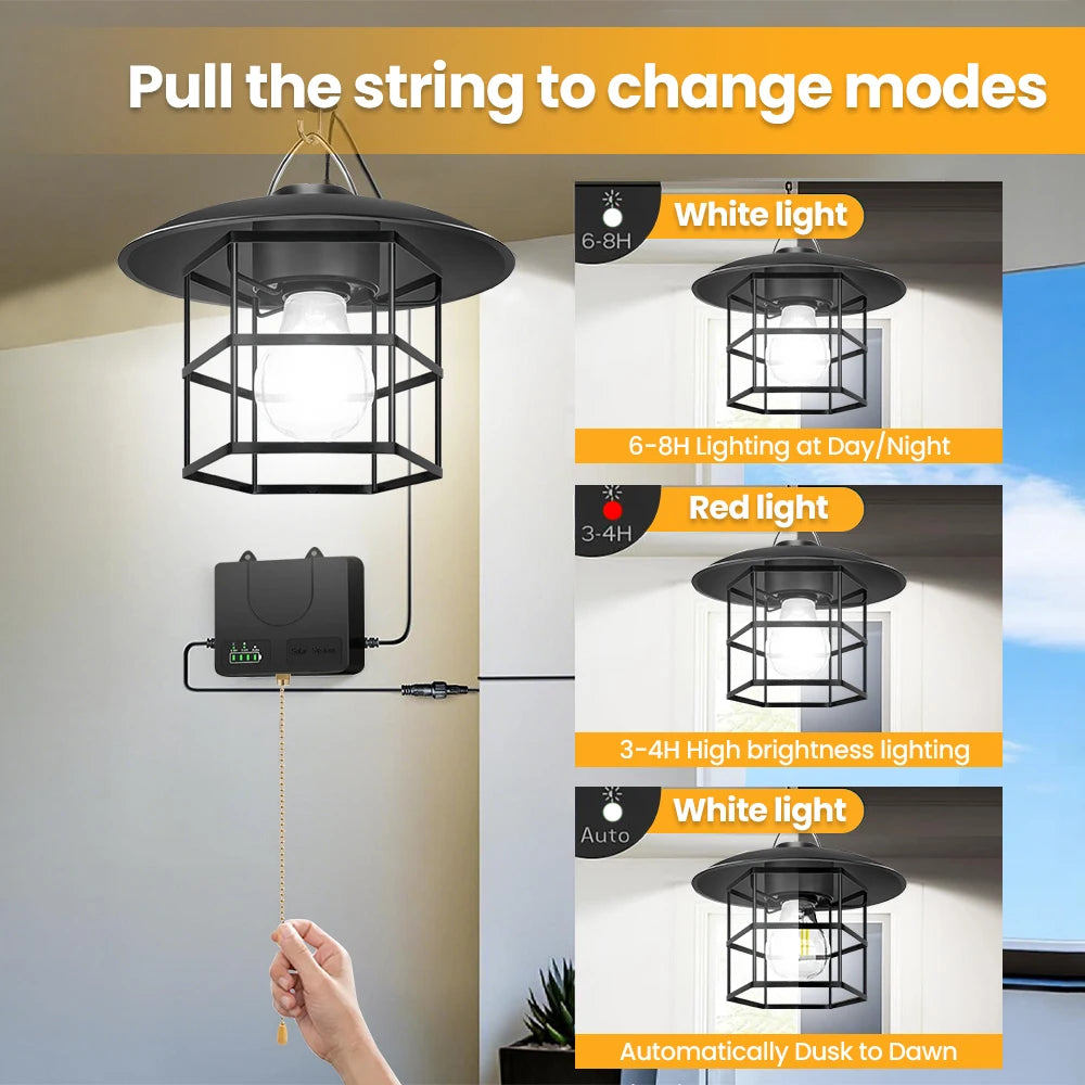 Indoor Outdoor LED Solar Pendant Light with Battery Level Display IP65 Waterproof Pull Chain Switch Solar Powered Barn Lights Zpaxo