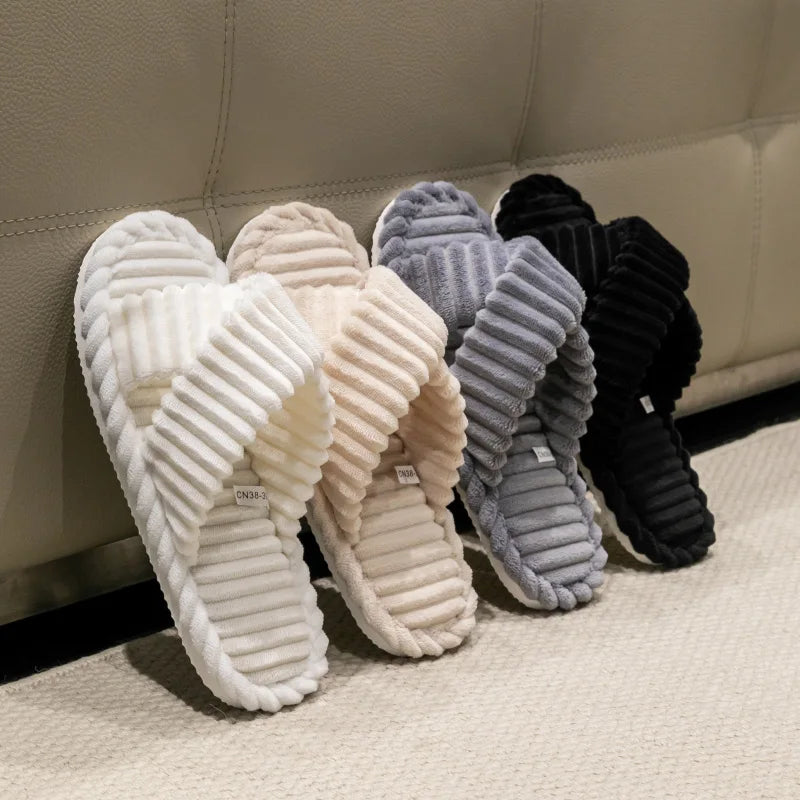Fashion Corduroy Cross Band Open Toe Home Slippers Women Autumn