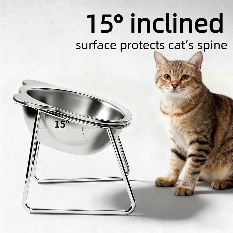 ‌304 Stainless Steel Raised Cat Bowl with 15° Elevated Design Tilted Neck Guard Healthy Feeding Shatterproof for Cats Puppies Zpaxo