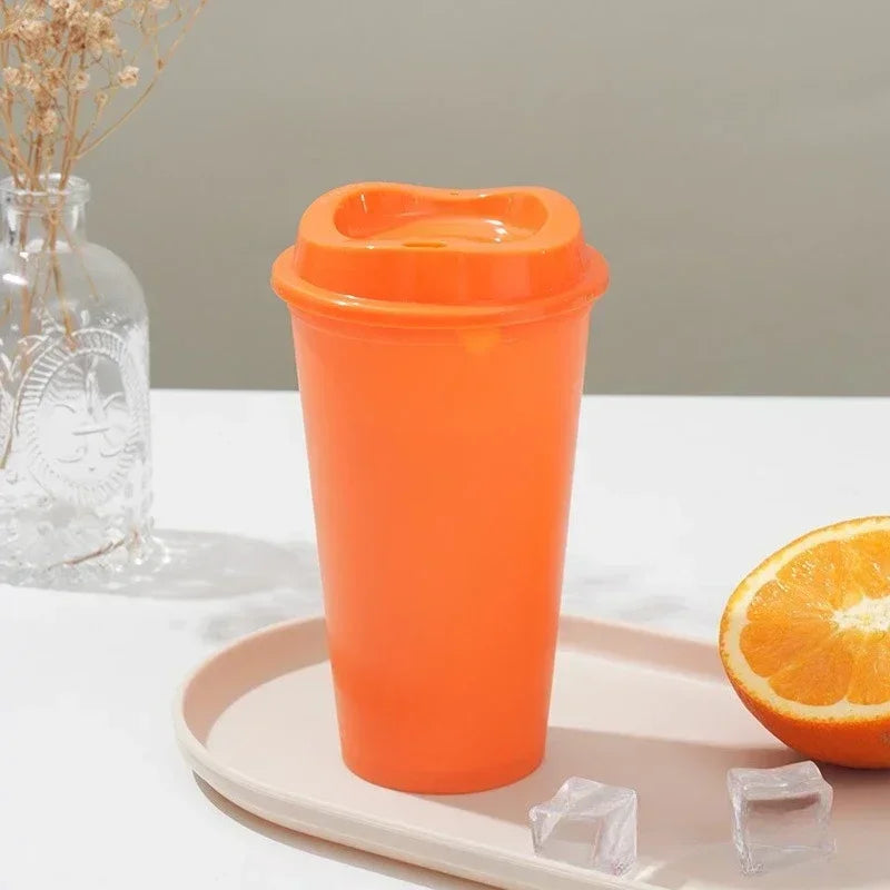 475ML Large Capacity Plastic Straw Cup for Birthday Parties Coffee Drinking Reusable Macaron Colored Straw Cup Takeaway New Zpaxo Orange 16OZ