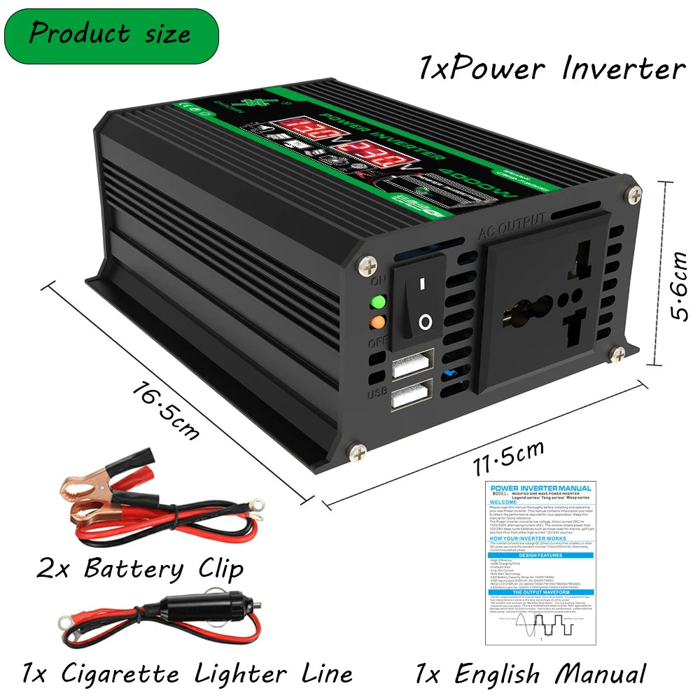 300W/4000W Portable Car Inverter DC 12V to AC 110V/220V Dual USB/AC Ports for Outdoor Camping & Appliances No battery included Zpaxo