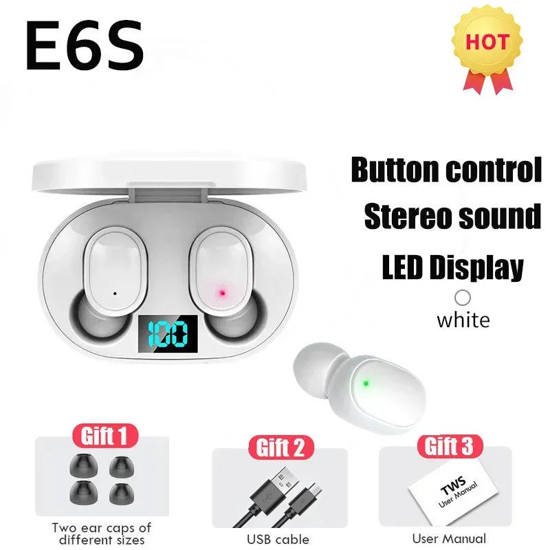 2026 TWS E6S Fone Bluetooth Earphones Wireless Headset Noise Zpaxo White Earbuds