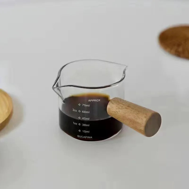 Glass Milk Pot Wooden Handle & Graduated Scale | Espresso Cup Glass Milk Pot Zpaxo Dual port