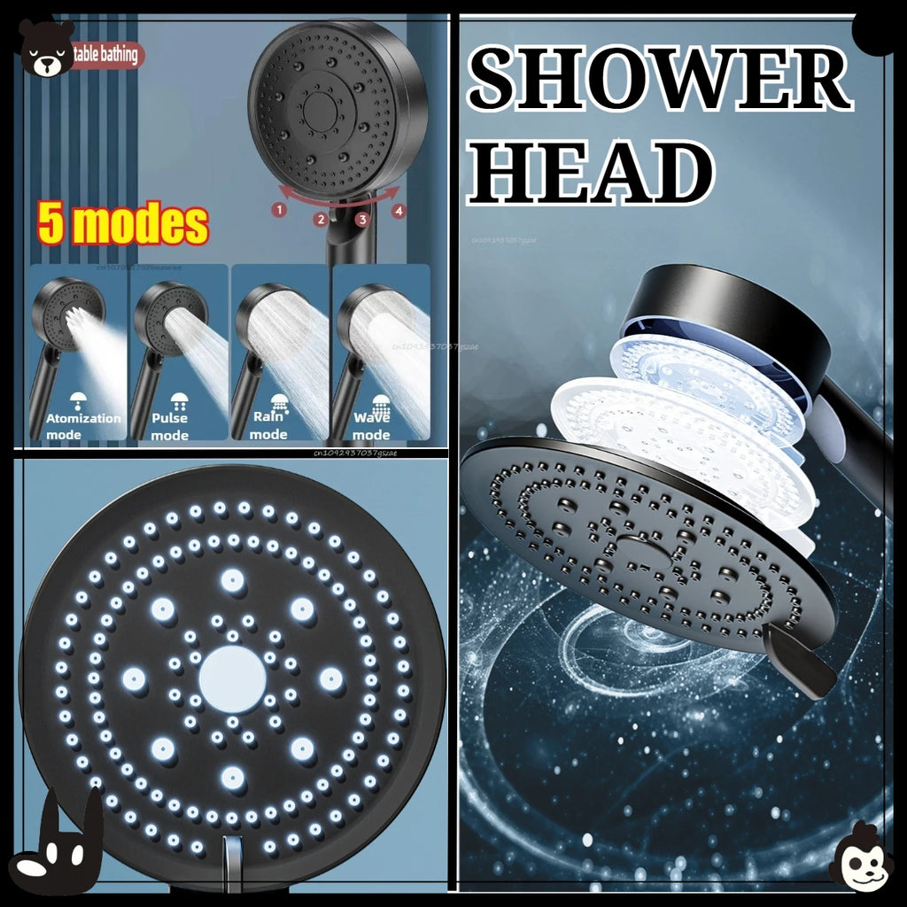 Black 5 Modes Shower Head Adjustable High Pressure Water Saving Shower Head Water Massage Shower Head Bathroom Accessories Zpaxo