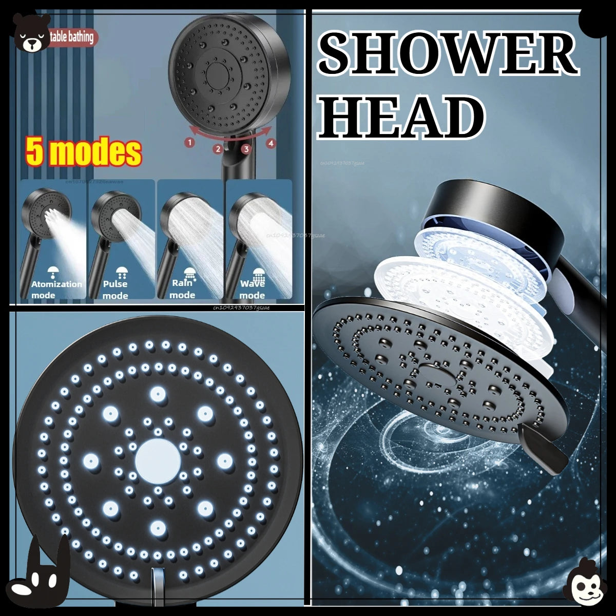 Black 5 Modes Shower Head Adjustable High Pressure Water Saving Shower Head Water Massage Shower Head Bathroom Accessories Zpaxo