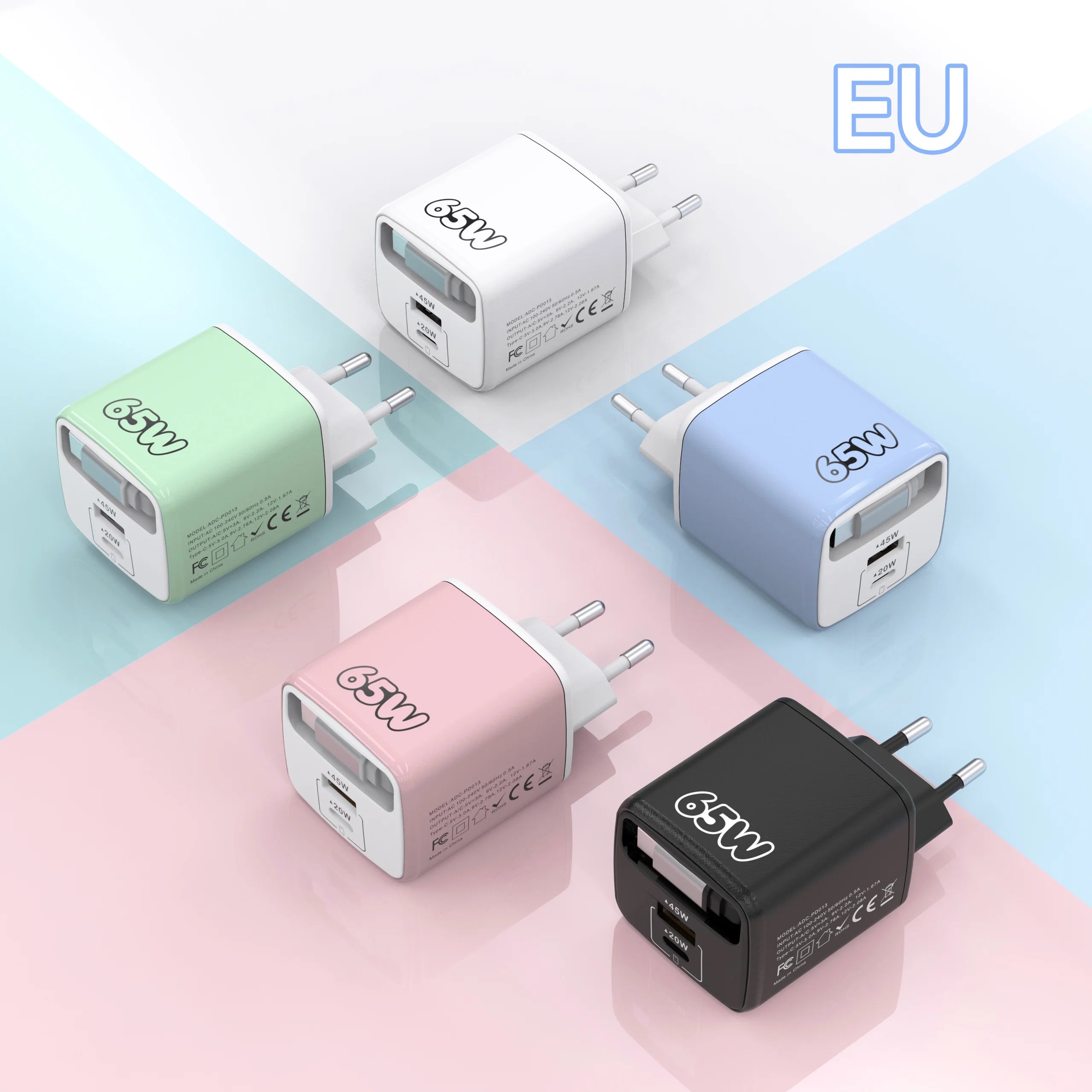 65W PD USB-C Charger & Retractable Cable – Quick Charge 3.0 USB-C Wall Charger Zpaxo EU Plug Pink