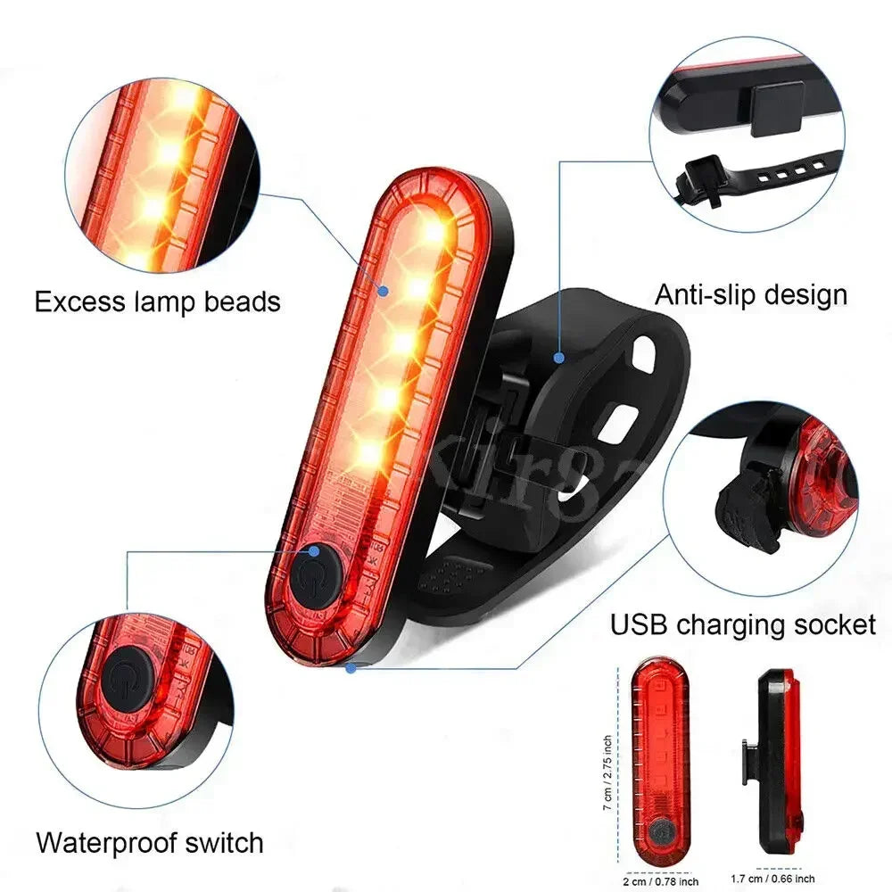 Waterproof Bike Night Riding Light Taillight USB Charging Safety